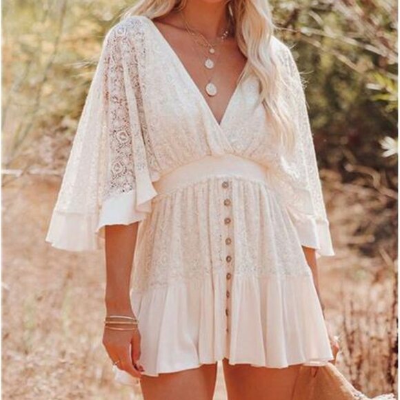 Boho Women's Lace Floral V Neck Button Short Mini Dresses Somcked Waist - Picture 1 of 9